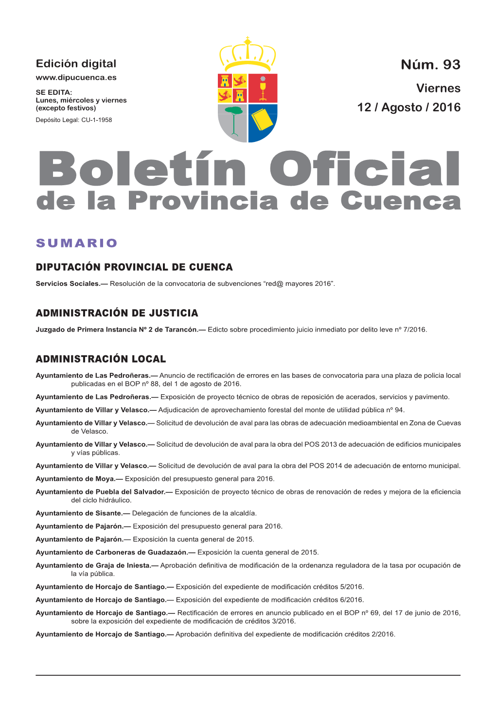 Boletín Oficial De La Provincia De Cuenca Sumario Diputación Provincial De Cuenca