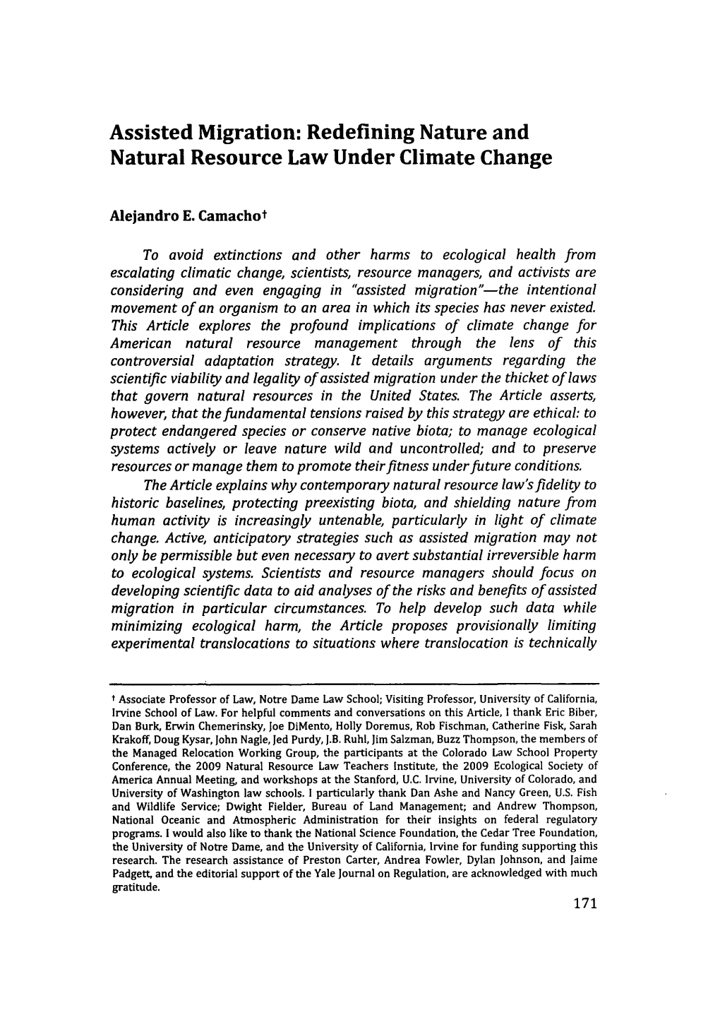 Assisted Migration: Redefining Nature and Natural Resource Law Under Climate Change