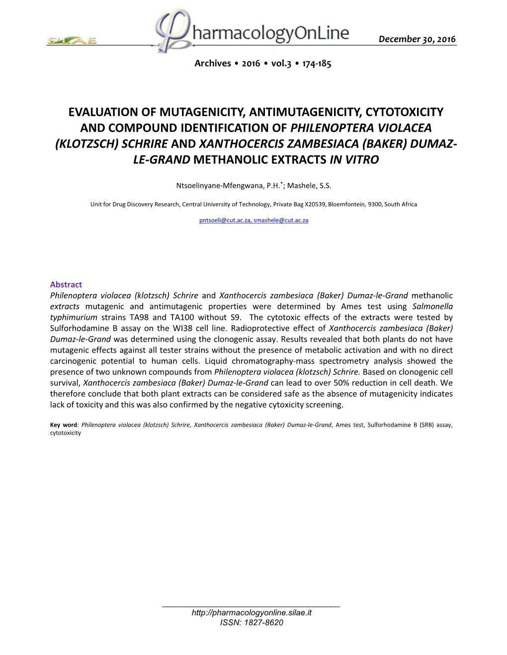 Evaluation of Mutagenicity, Antimutagenicity, Cytotoxicity