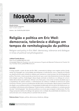 Religião E Política Em Eric Weil: Democracia, Tolerância E Diálogo Em Tempos De Remitologização Da Política