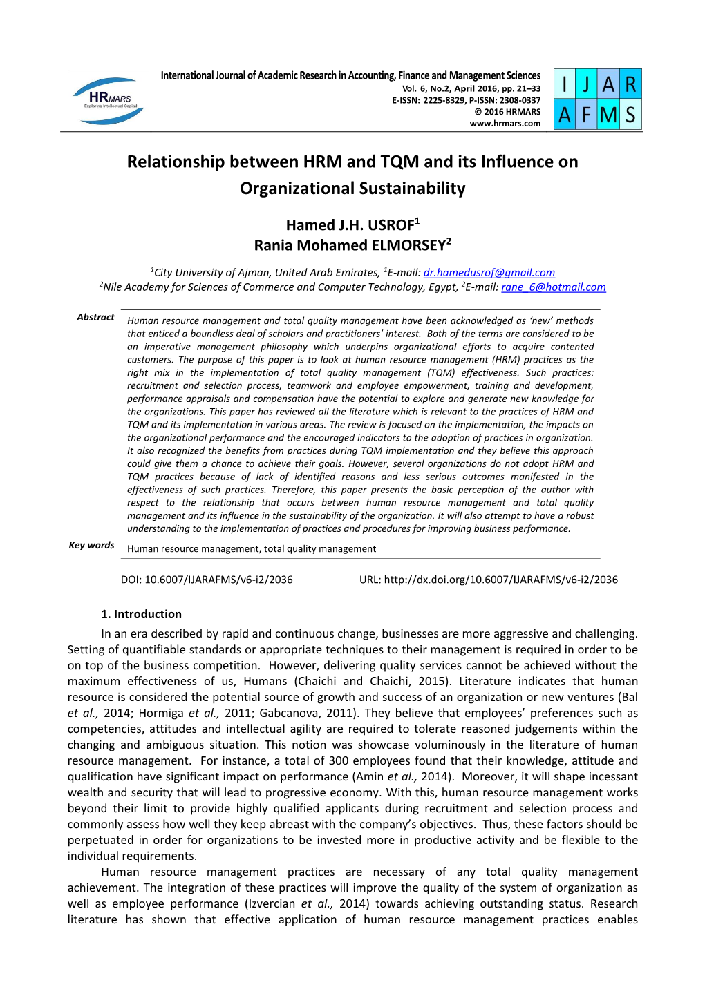 Relationship Between HRM and TQM and Its Influence on Organizational Sustainability