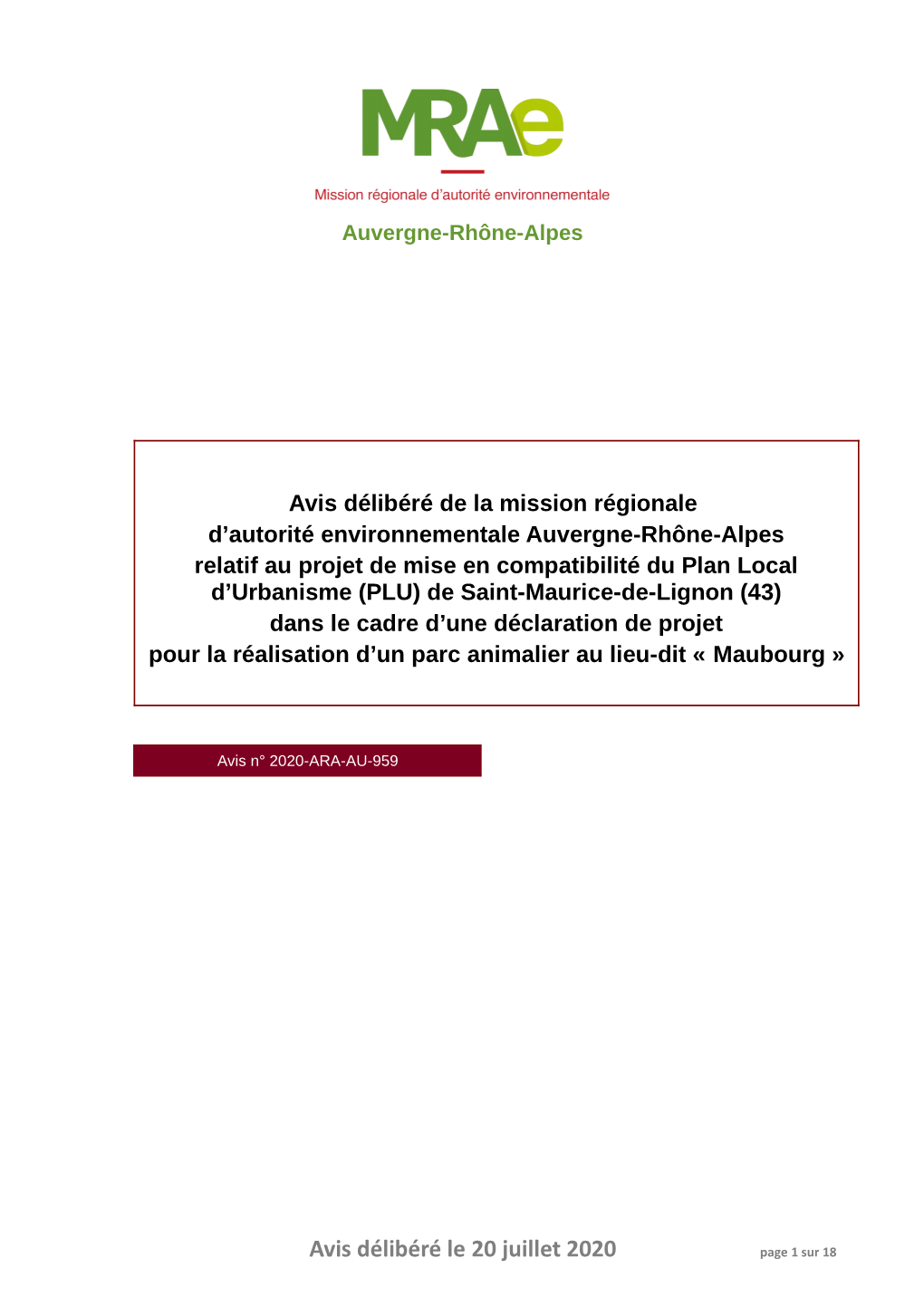 Avis Délibéré Le 20 Juillet 2020 Page 1 Sur 18 Préambule Relatif À L’Élaboration De L’Avis