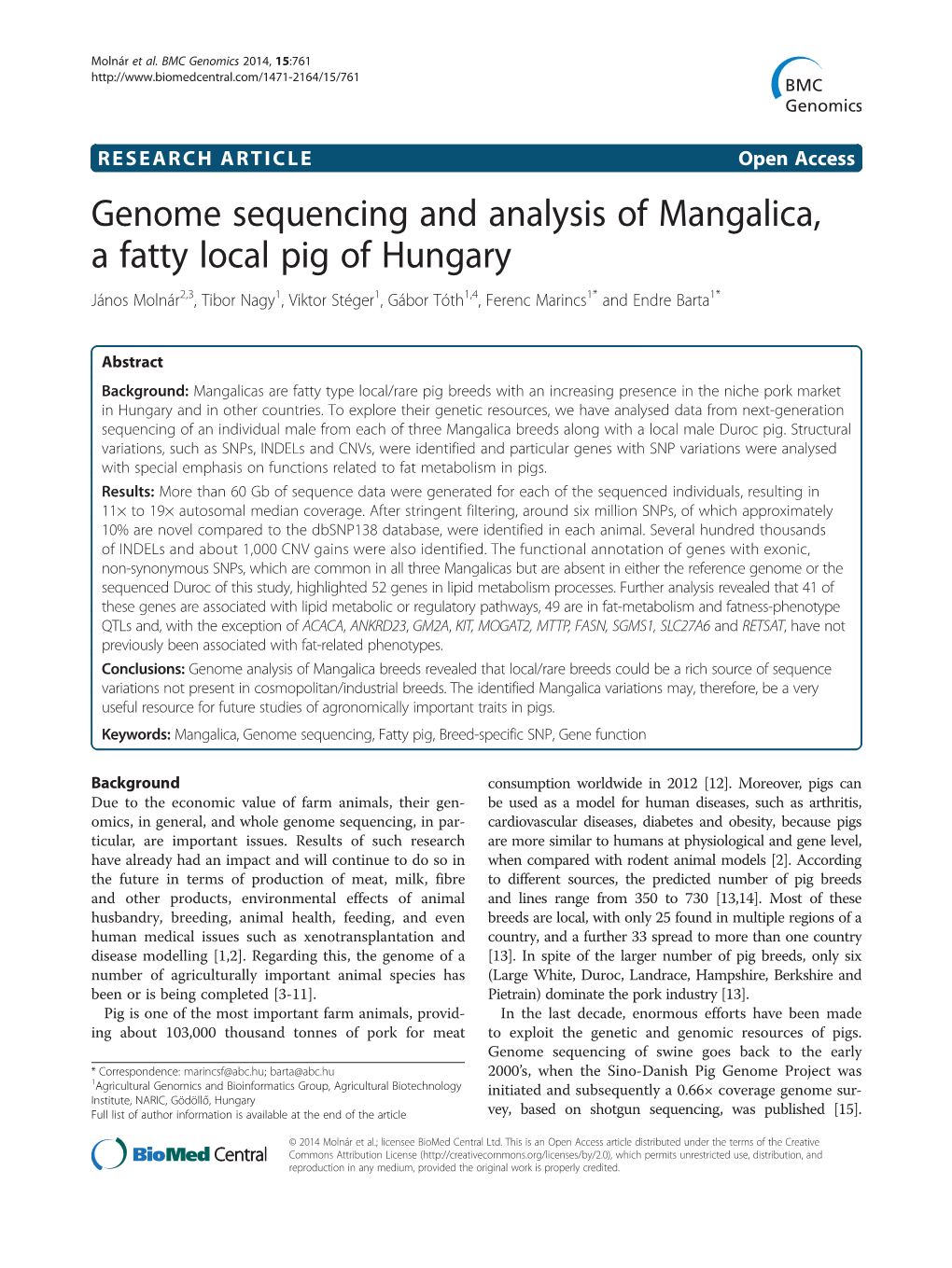 Genome Sequencing and Analysis of Mangalica, a Fatty Local Pig of Hungary