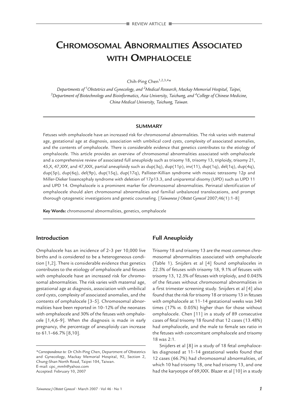 Chromosomal Abnormalities Associated with Omphalocele