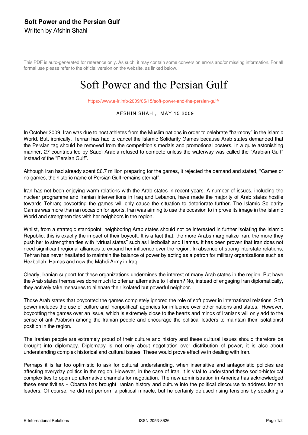 Soft Power and the Persian Gulf Written by Afshin Shahi