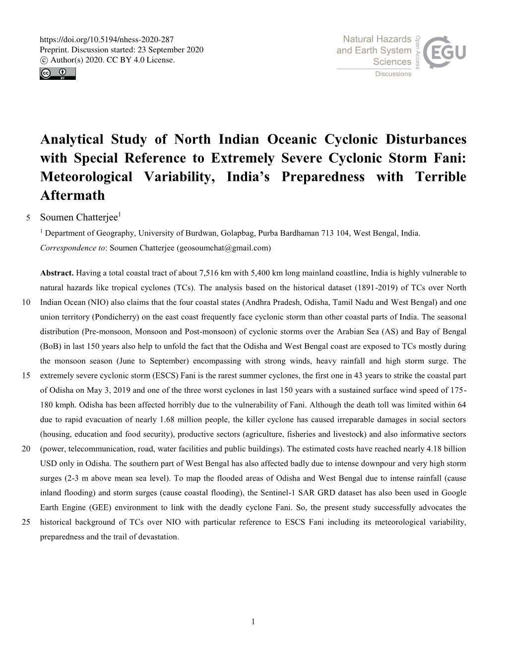 Analytical Study of North Indian Oceanic Cyclonic Disturbances with Special Reference to Extremely Severe Cyclonic Storm Fani