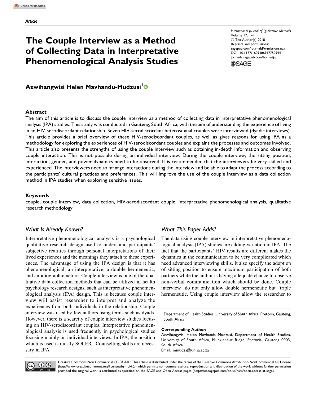 The Couple Interview As a Method of Collecting Data in Interpretative Phenomenological Analysis (IPA) Studies