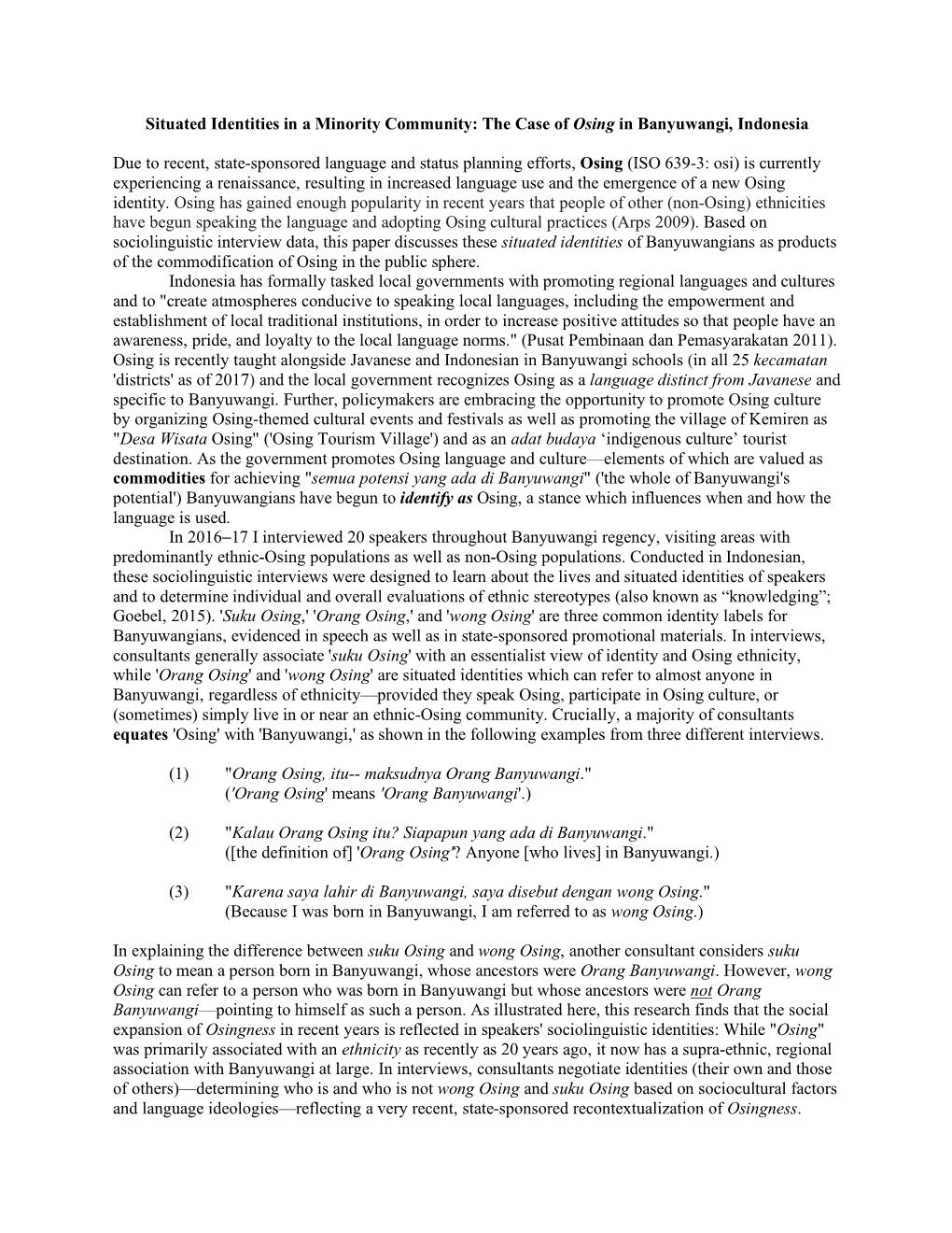 Situated Identities in a Minority Community: the Case of Osing in Banyuwangi, Indonesia