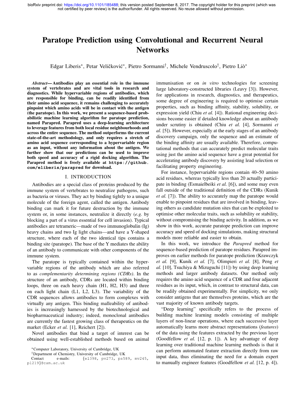 Paratope Prediction Using Convolutional and Recurrent Neural Networks