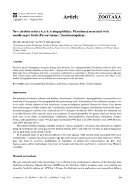 Acari: Syringophilidae: Picobiinae) Associated with Woodcreeper Birds (Passeriformes: Dendrocolaptidae)