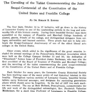 The Unveiling of the Tablet Commemorating the Joint Sesqui-Centennial of the Constitution of the United States and Franklin College