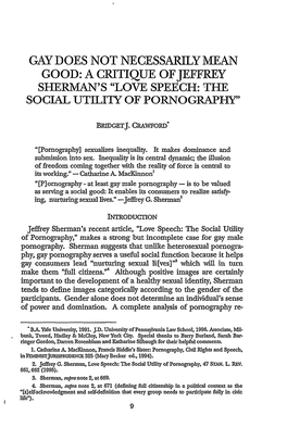 Gay Does Not Necessarily Mean Good: a Critique Ofjeffrey Sherman's "Love Speech: the Social Utility of Pornography"