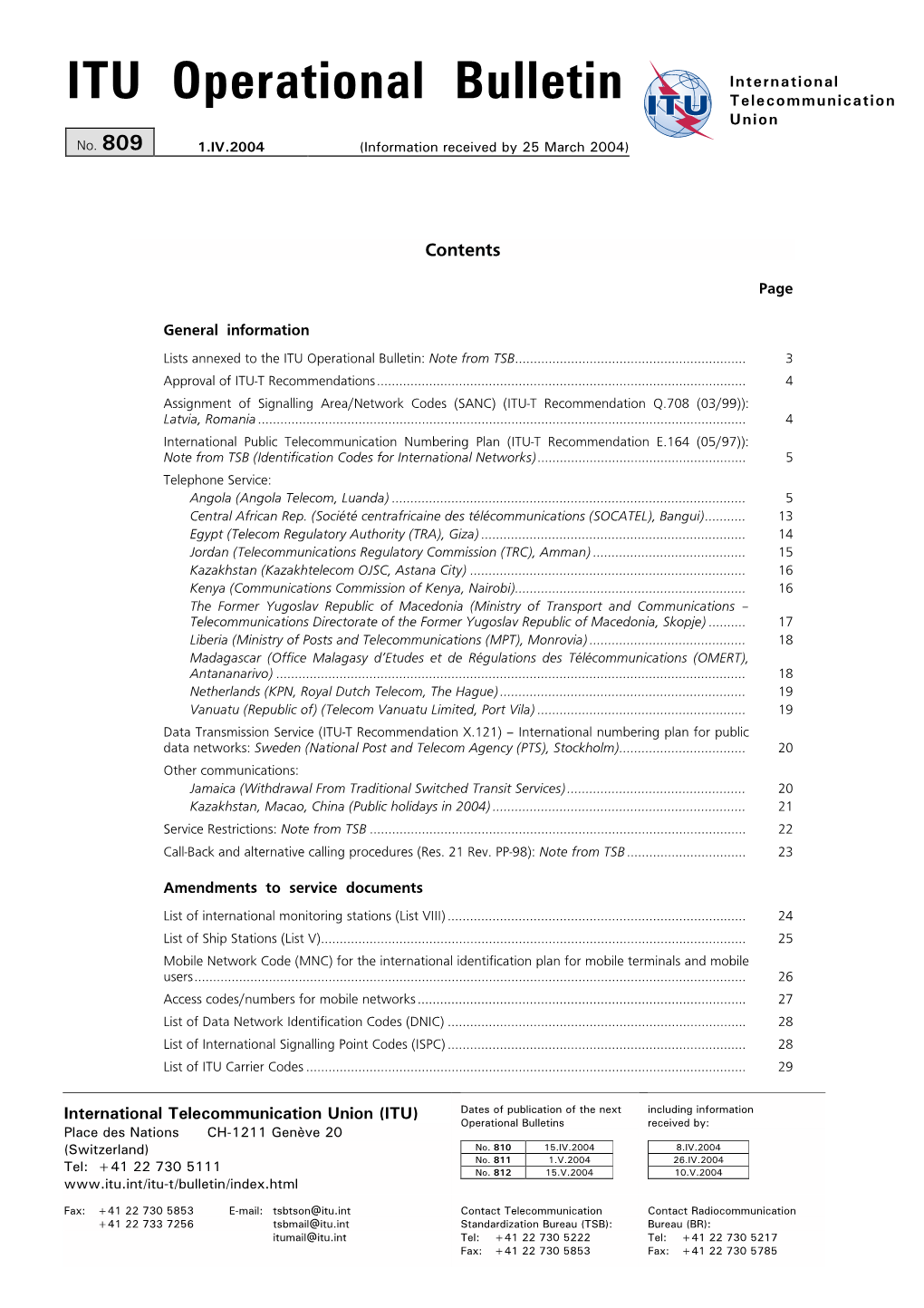 ITU Operational Bulletin No. 809 – 3