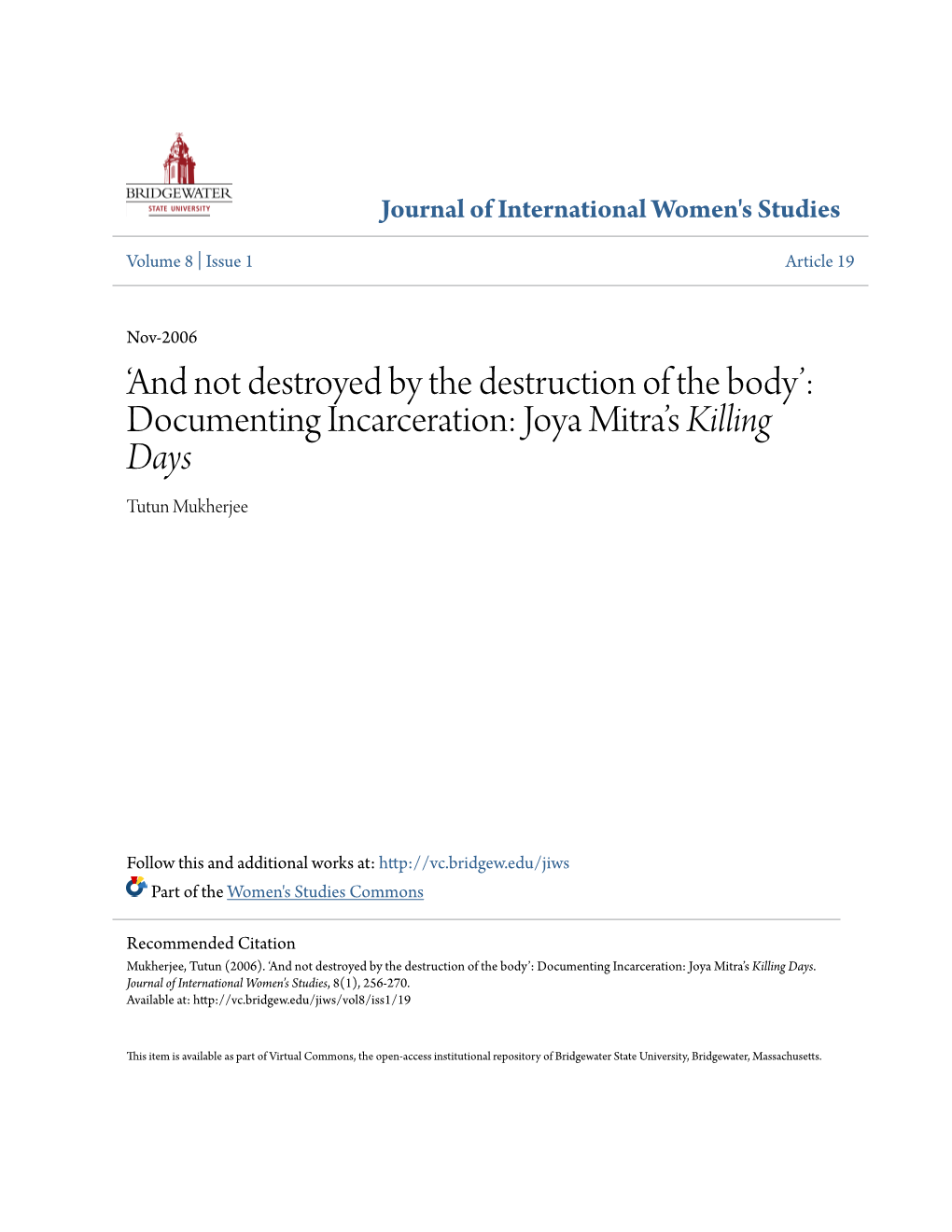 Documenting Incarceration: Joya Mitra’S Killing Days Tutun Mukherjee