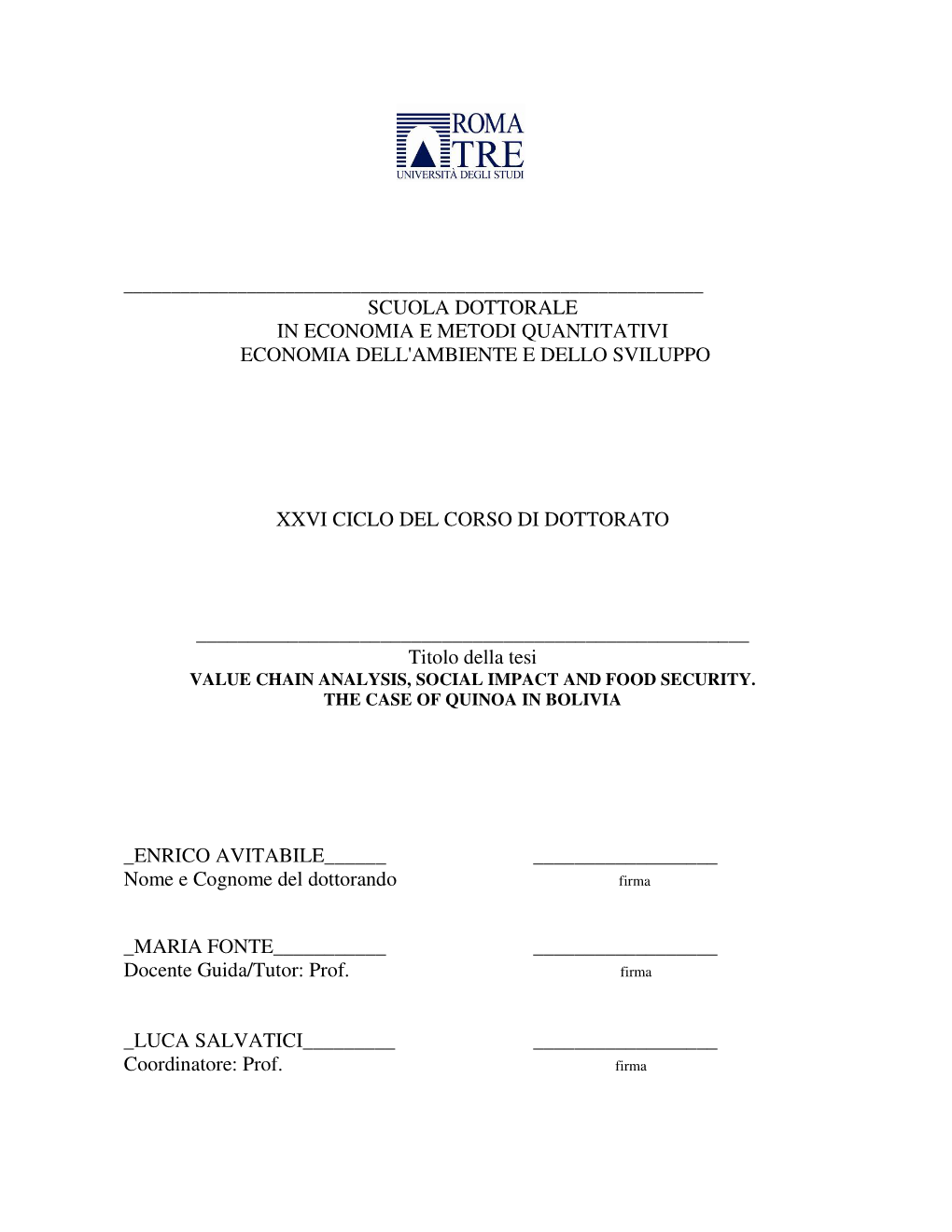 Scuola Dottorale in Economia E Metodi Quantitativi Economia Dell'ambiente E Dello Sviluppo