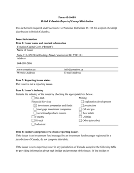 Form 45-106F6 British Columbia Report of Exempt Distribution