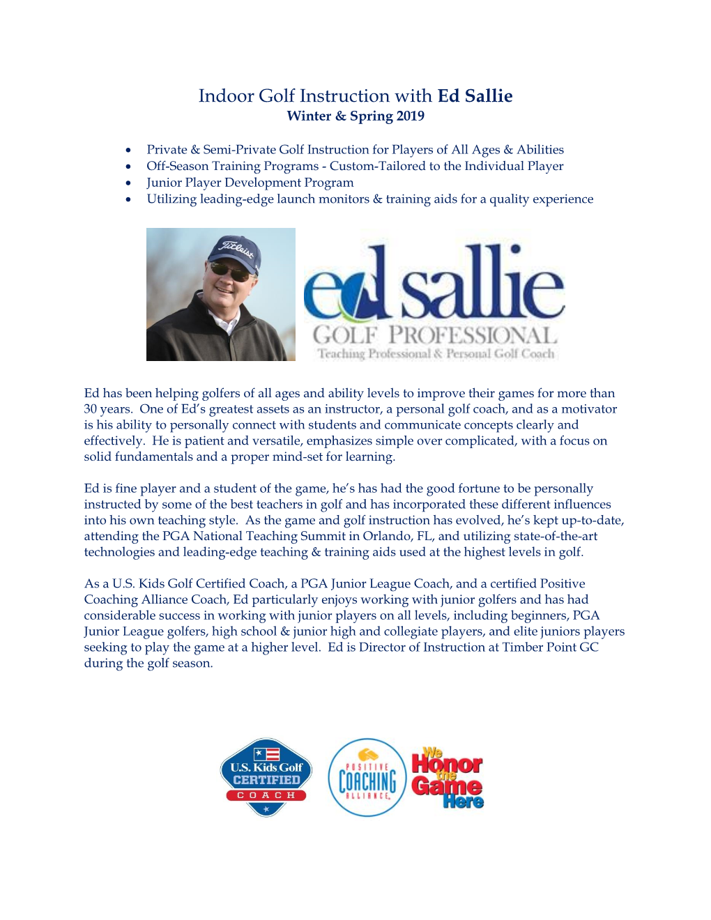 Indoor Golf Instruction with Ed Sallie Winter & Spring 2019