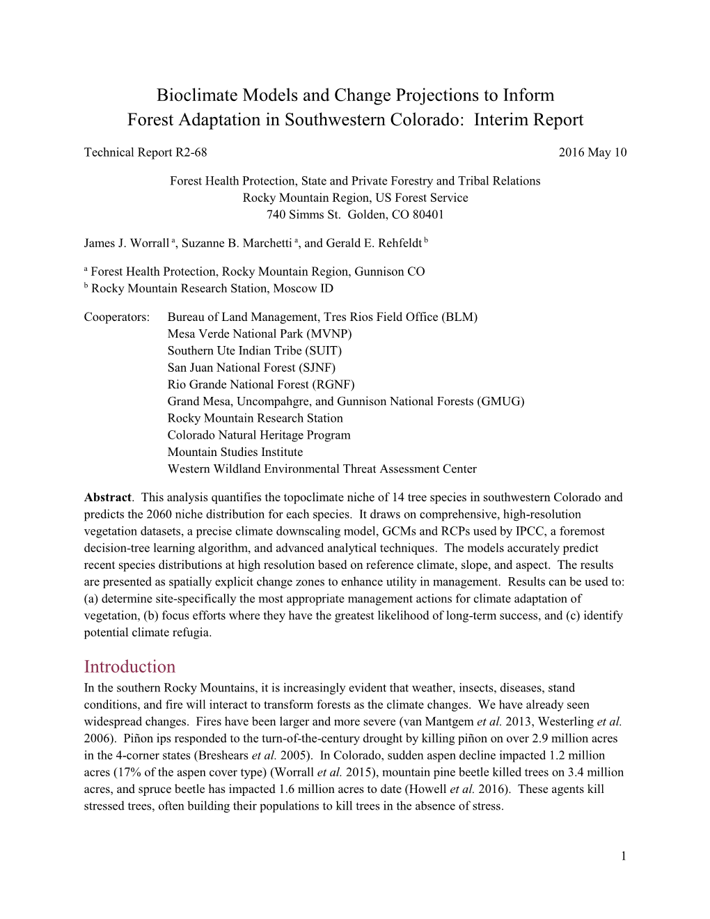 Bioclimate Models and Change Projections to Inform Forest Adaptation in Southwestern Colorado: Interim Report