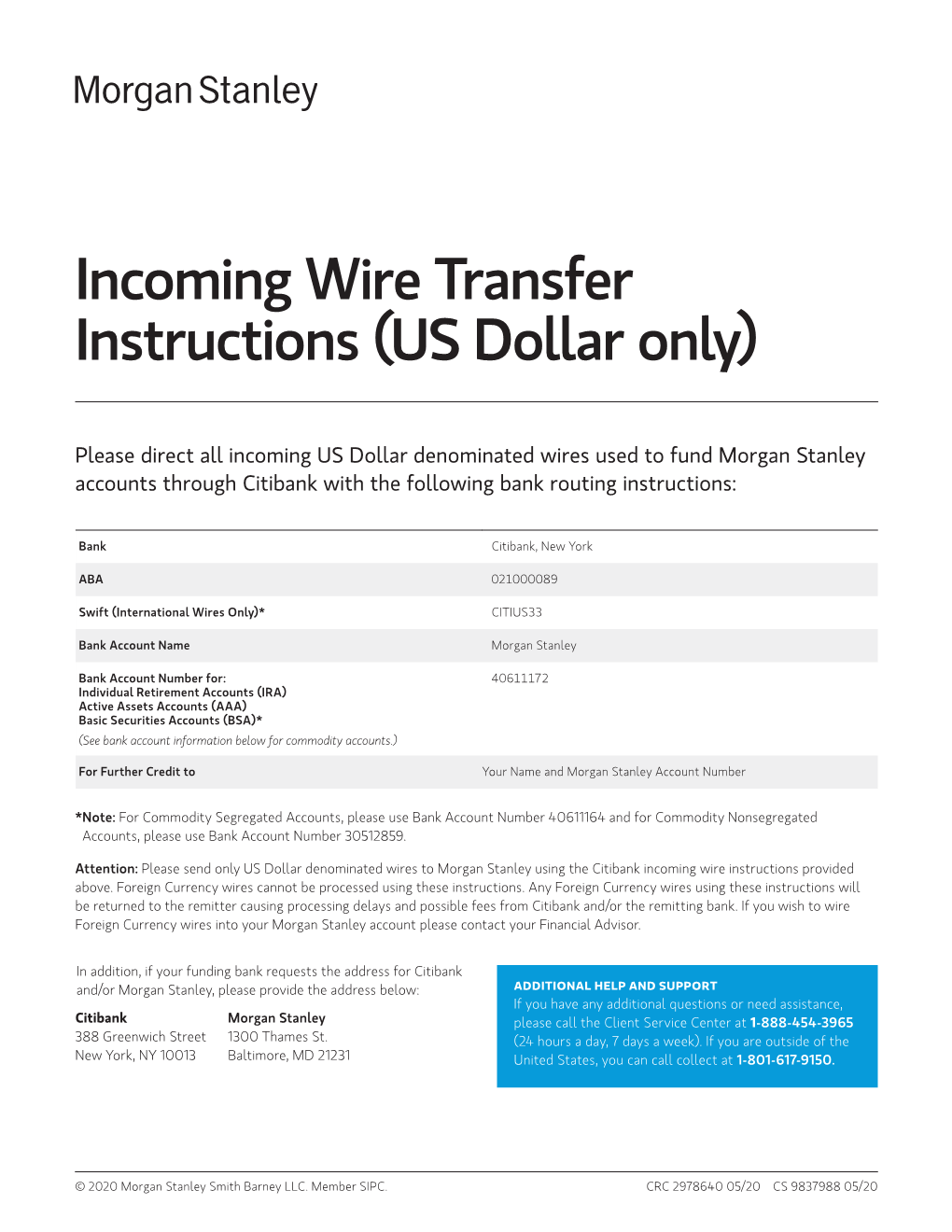 Incoming Wire Transfer Instructions (US Dollar Only)