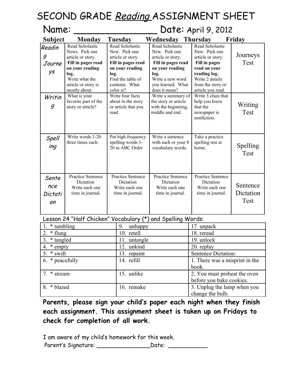 Third Grade Assignment Sheet s1