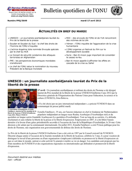 Bulletin Quotidien De L'onu Est Préparé Par La Section Des Services De L’Information Sur Internet Du Département De L’Information De L’ONU
