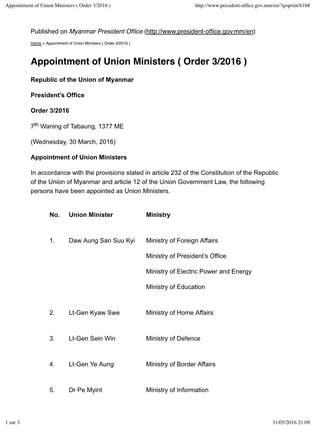 Appointment of Union Ministers ( Order 3/2016 )