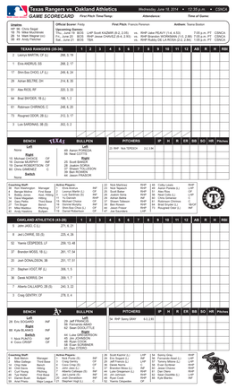 Texas Rangers Vs. Oakland Athletics Wednesday, June 18, 2014 W 12:35 P.M