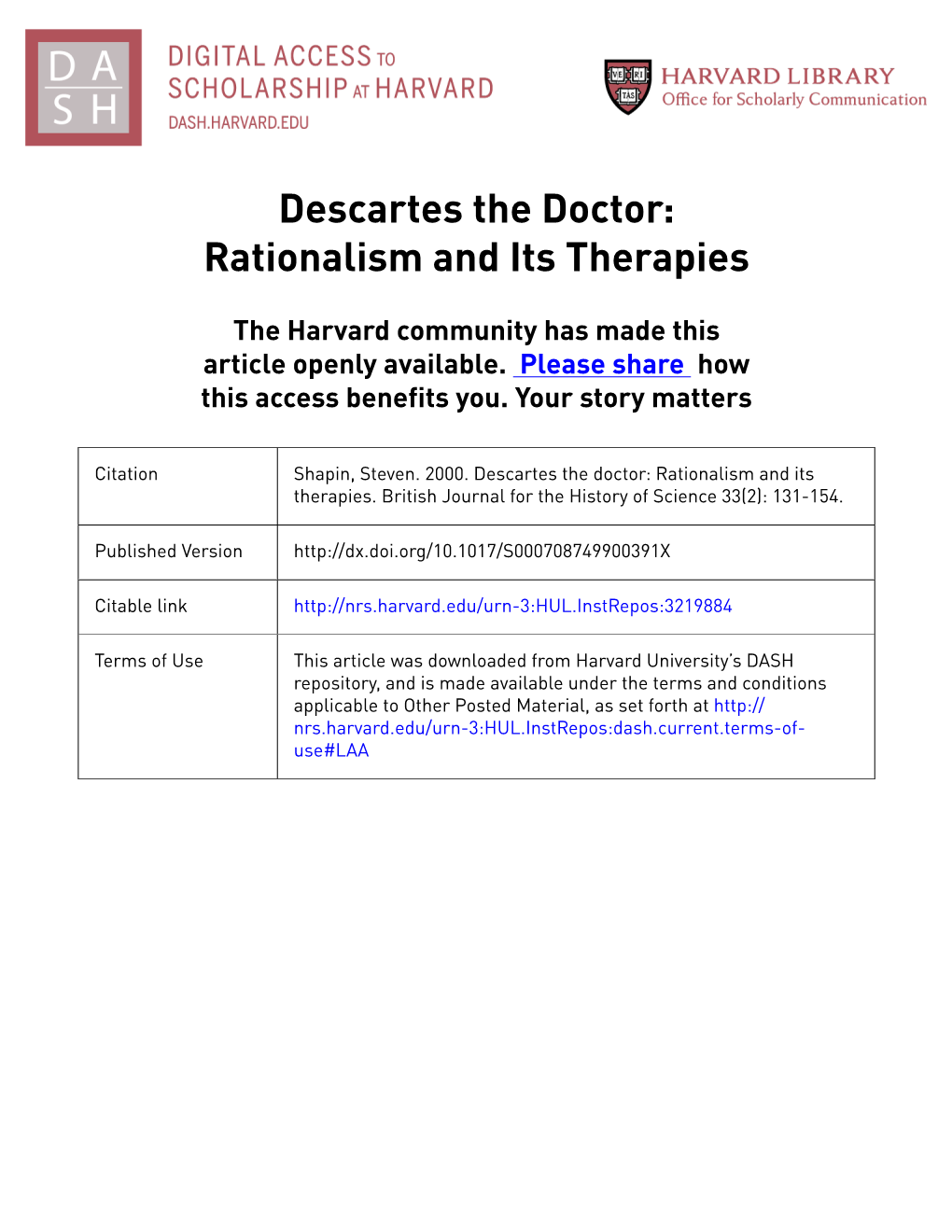 Descartes the Doctor: Rationalism and Its Therapies