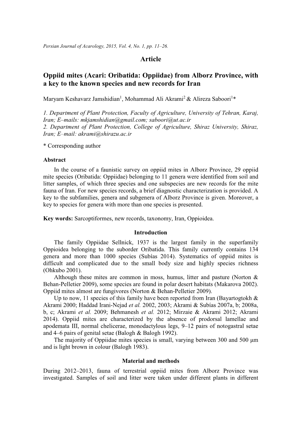 Article Oppiid Mites (Acari: Oribatida: Oppiidae) from Alborz Province