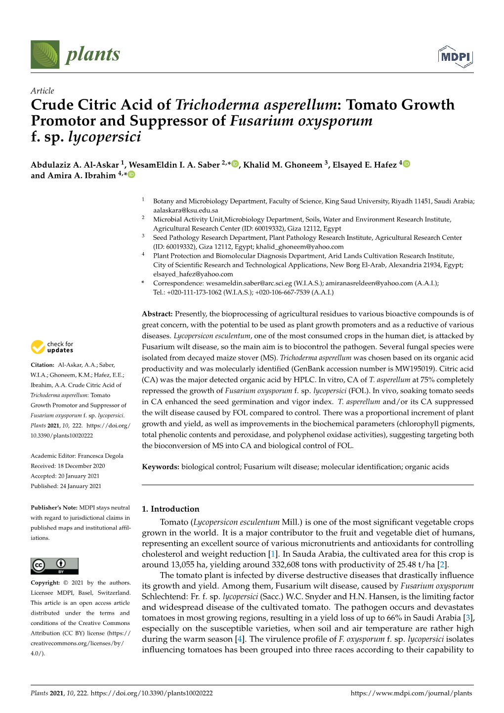 Crude Citric Acid of Trichoderma Asperellum: Tomato Growth Promotor and Suppressor of Fusarium Oxysporum F