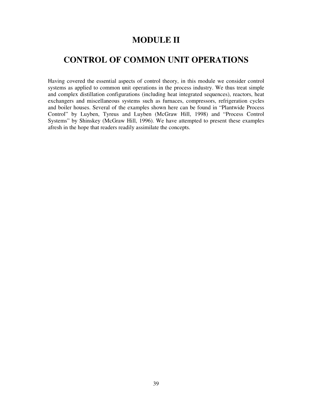 Module Ii Control of Common Unit Operations