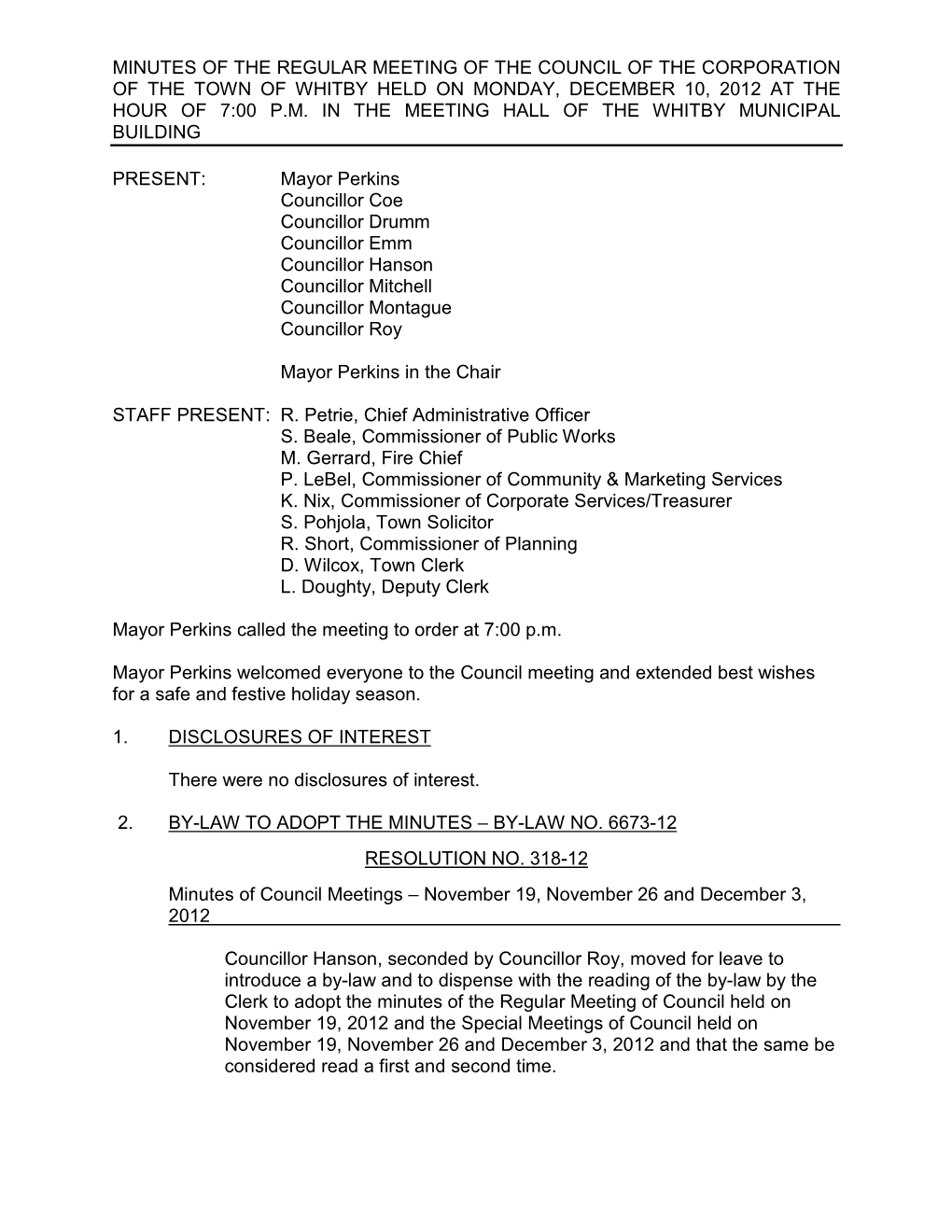 Minutes of the Regular Meeting of the Council of the Corporation of the Town of Whitby Held on Monday, December 10, 2012 at the Hour of 7:00 P.M