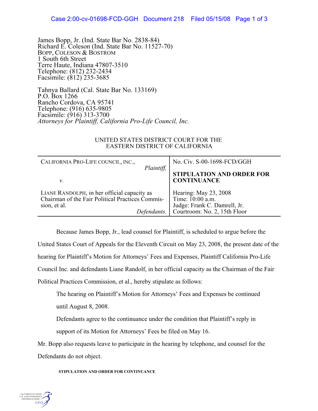 Case 2:00-Cv-01698-FCD-GGH Document 218 Filed 05/15/08 Page 1 of 3