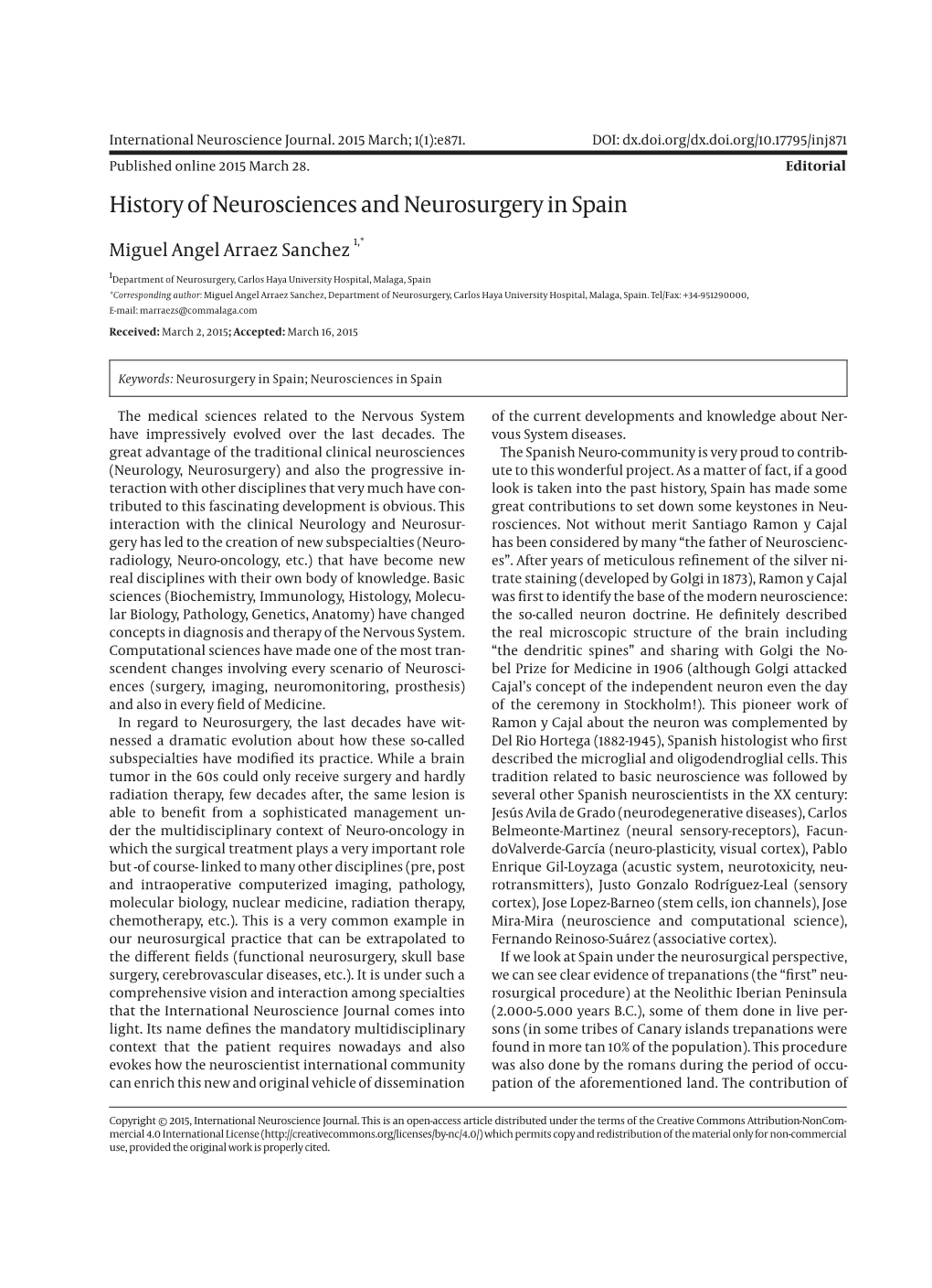 History of Neurosciences and Neurosurgery in Spain