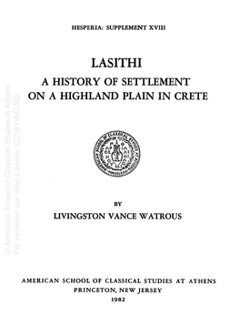 Lasithi: a History of Settlement on a Highland Plain in Crete