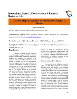 International Journal of Neuroscience & Research Review Article Cerebral Hypoxia Can Lead to Personality Changes: a Review