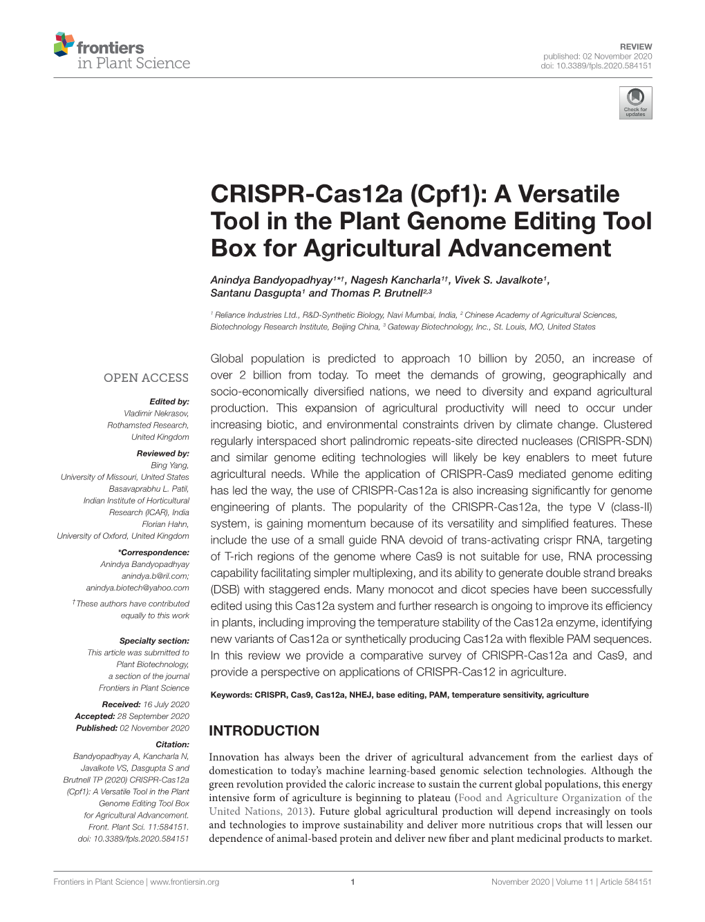 CRISPR-Cas12a (Cpf1): a Versatile Tool in the Plant Genome Editing Tool Box for Agricultural Advancement