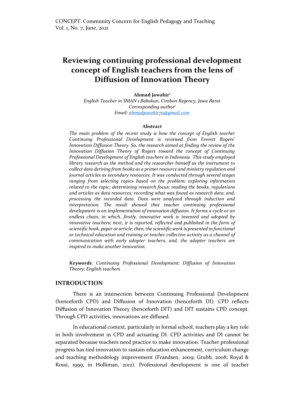 Reviewing Continuing Professional Development Concept of English Teachers from the Lens of Diffusion of Innovation Theory