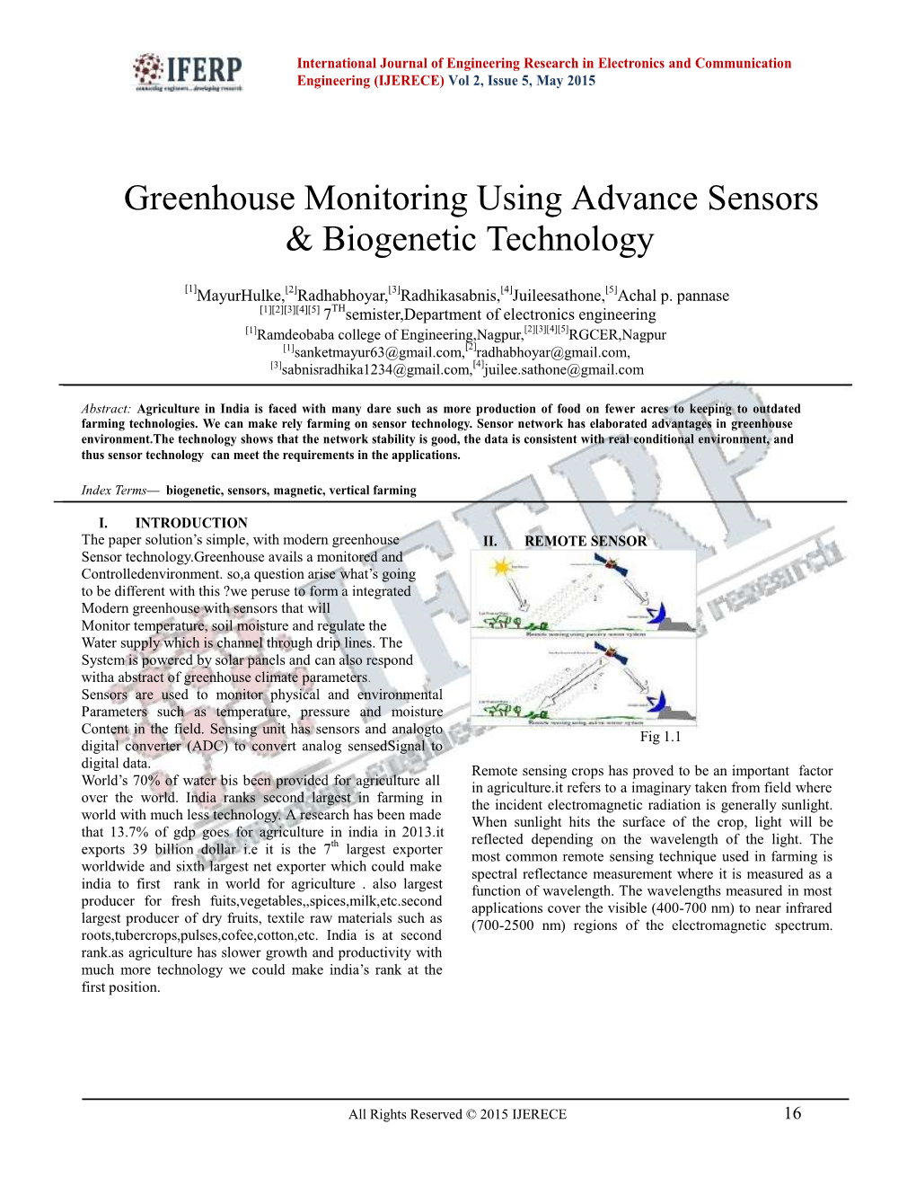 Greenhouse Monitoring Using Advance Sensors & Biogenetic Technology