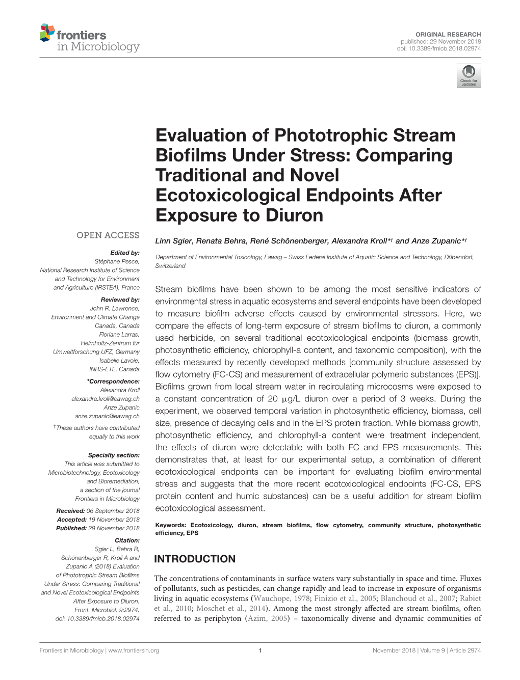 Evaluation of Phototrophic Stream Biofilms Under Stress: Comparing Traditional and Novel Ecotoxicological Endpoints After Exposu