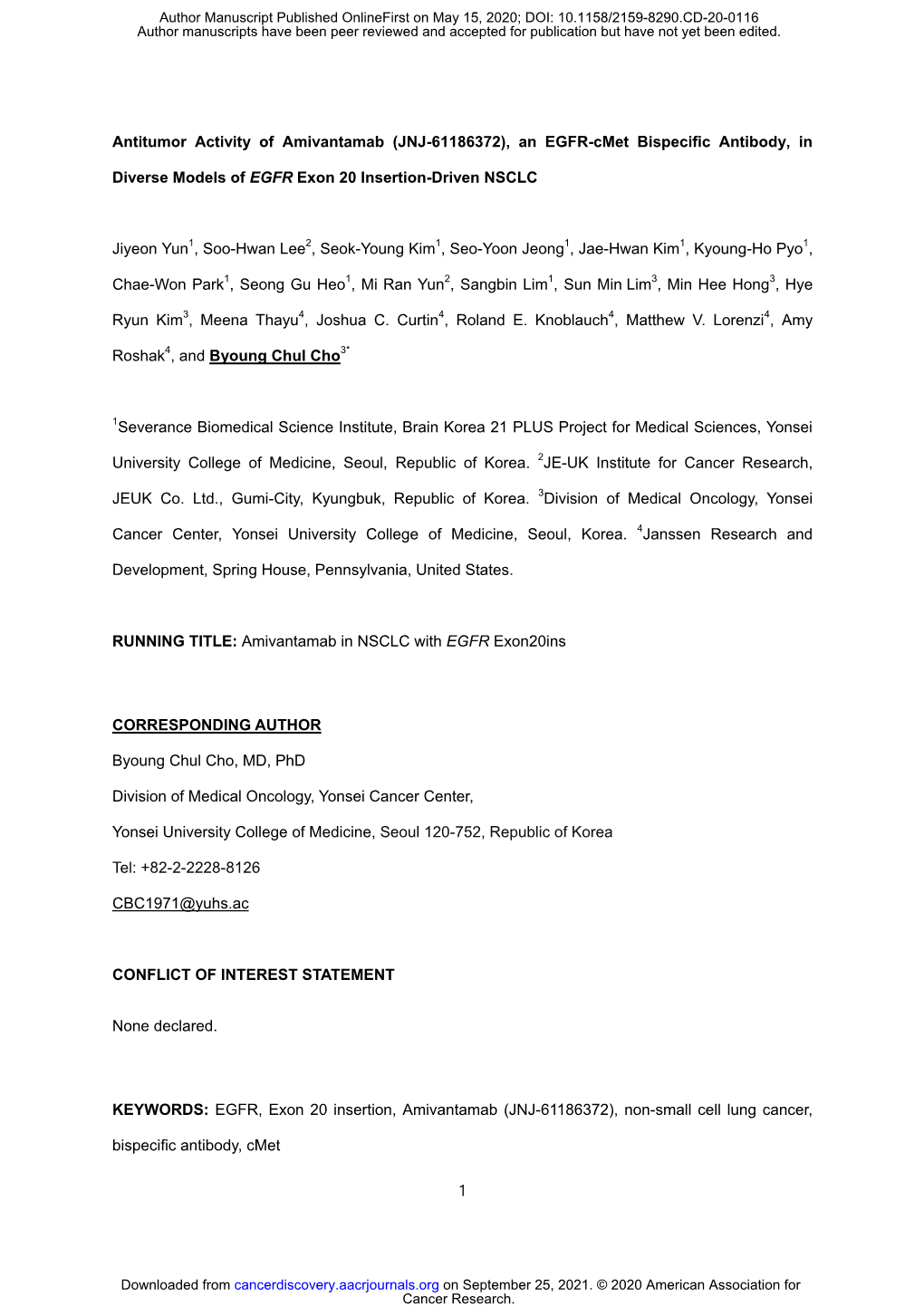 Antitumor Activity of Amivantamab (JNJ-61186372), an EGFR-Cmet Bispecific Antibody, In