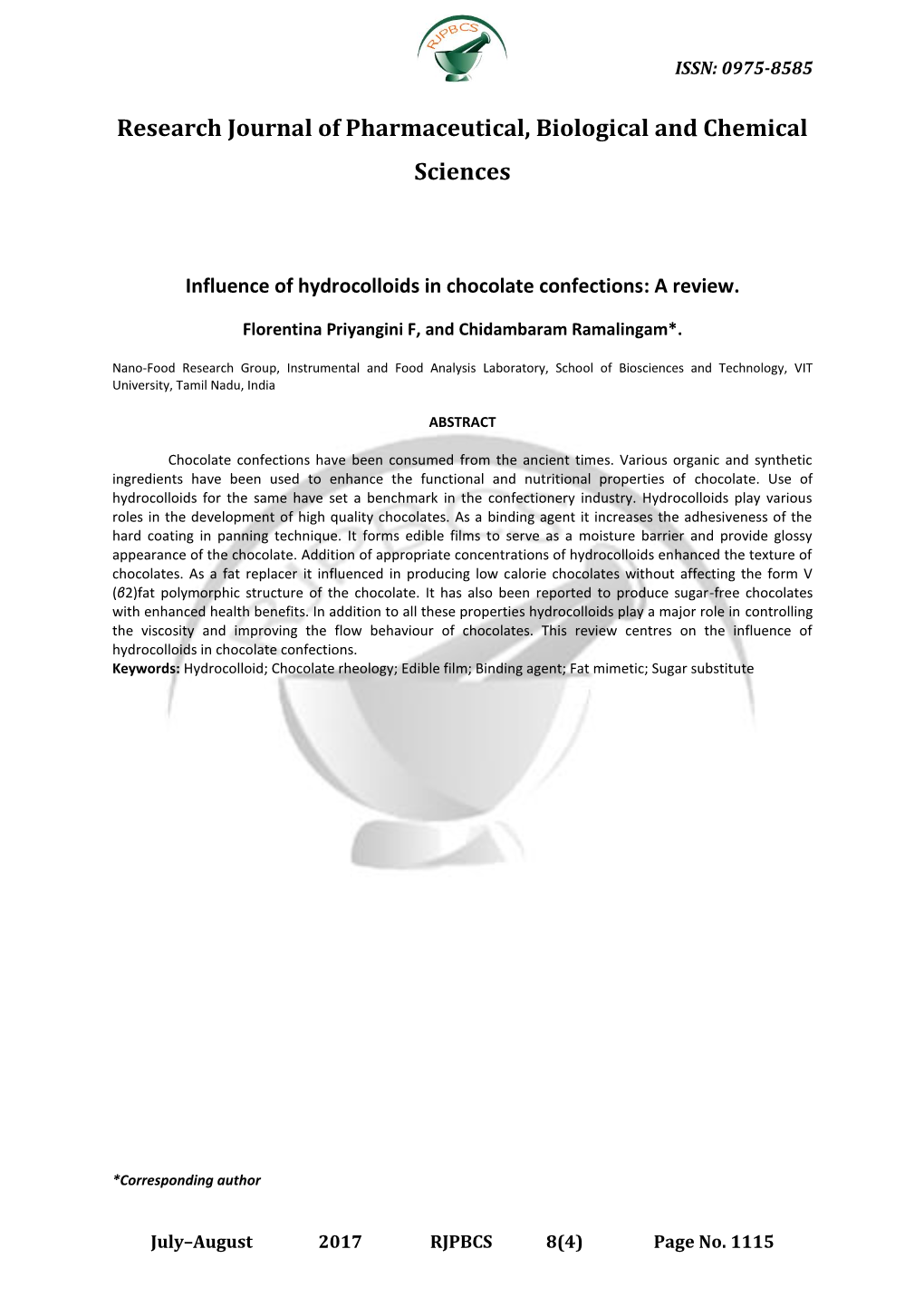 Research Journal of Pharmaceutical, Biological and Chemical Sciences