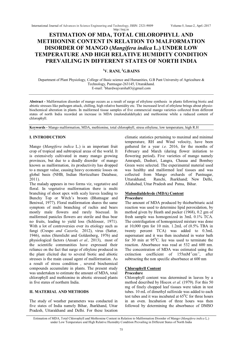 Estimation of Mda, Total Chlorophyll And