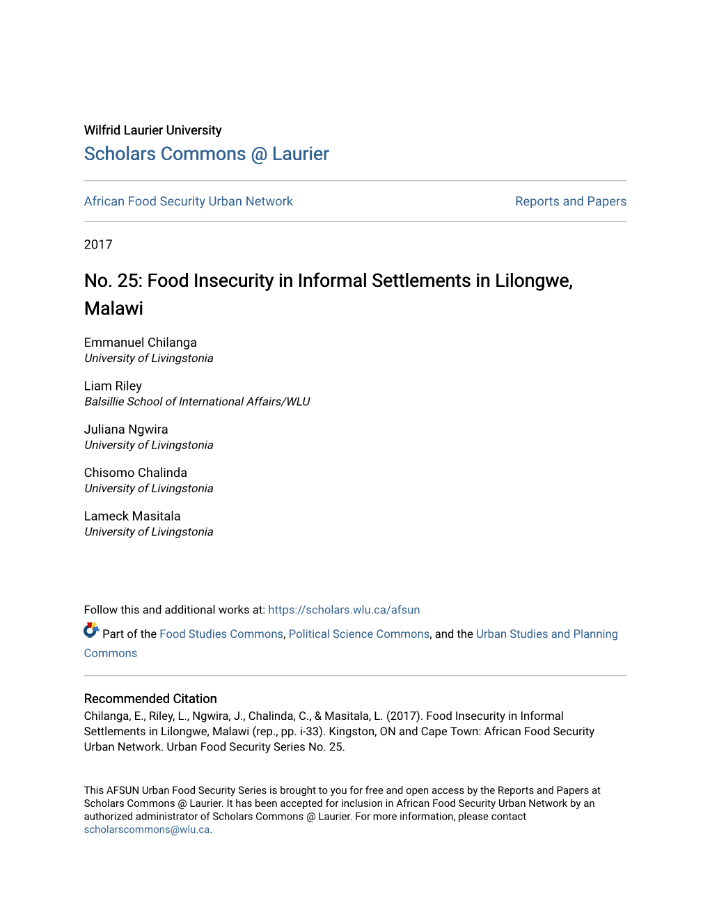 No. 25: Food Insecurity in Informal Settlements in Lilongwe, Malawi