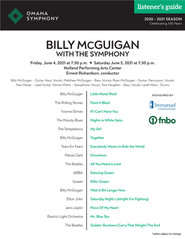 BILLY MCGUIGAN with the SYMPHONY Friday, June 4, 2021 at 7:30 P.M