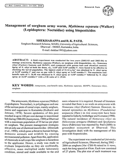Management of Sorghum Army Worm, Mythimna Separata (Walker) (Lepidoptera: N Octuidae) Using Biopesticides