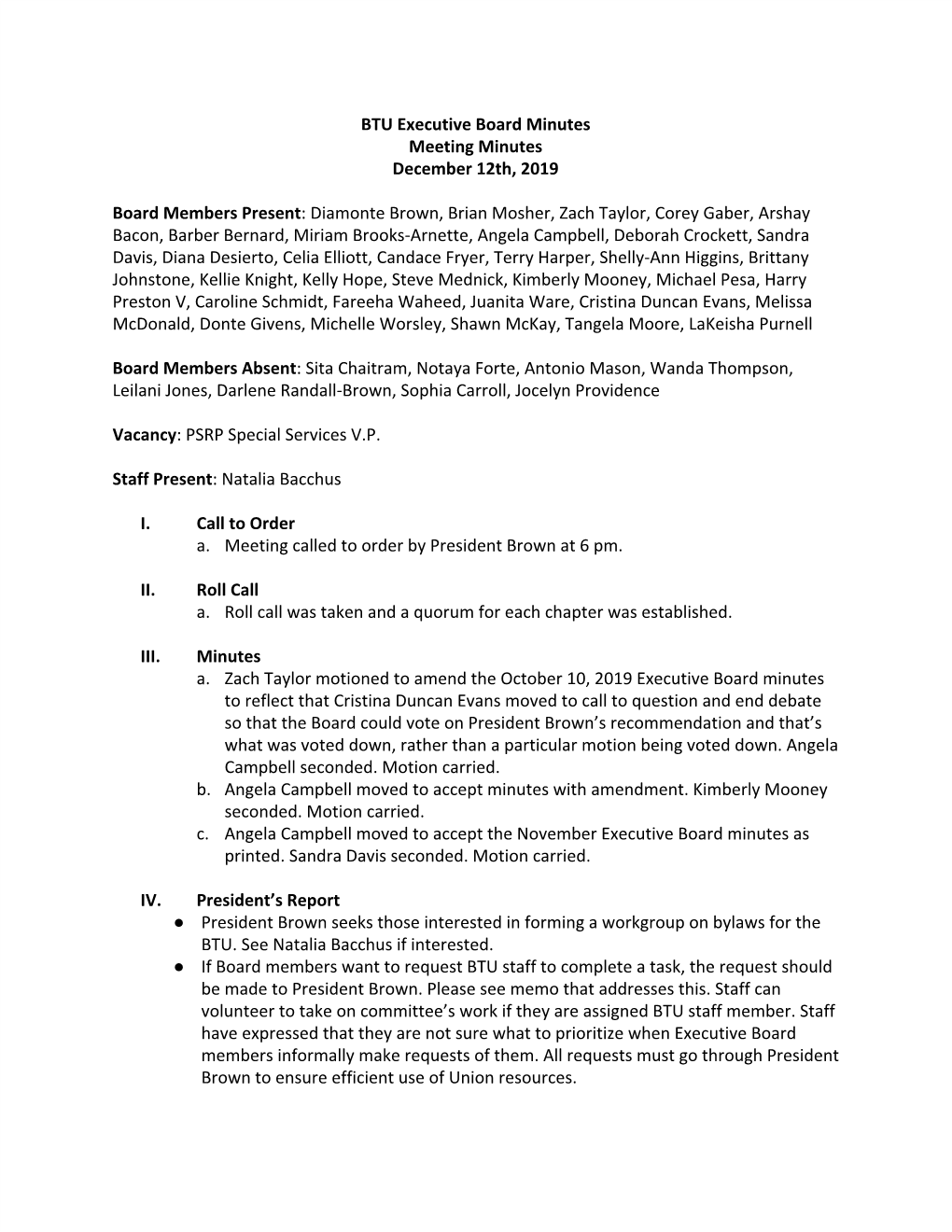 BTU Executive Board Minutes Meeting Minutes December 12Th, 2019