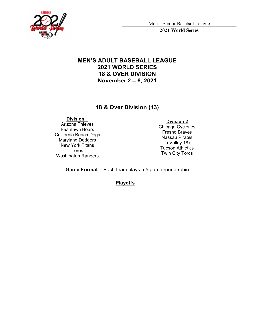 Men's Adult Baseball League 2021 World Series 18 & Over