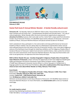 Vanier Park Hosts 9Th Annual Winter Wander - a Family Friendly Cultural Event