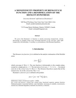 A Monotonicity Property of Riemann's Xi Function and a Reformulation of the Riemann Hypothesis
